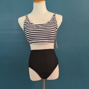 Black High Waist Swim Bottom With Back Lacing Accent